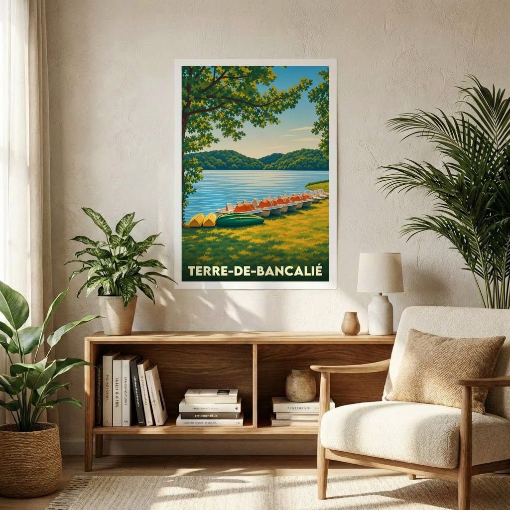 Affiche souvenir de la ville de Terre-de-Bancalié avec une illustration stylisée d'un lac bordé de barques.