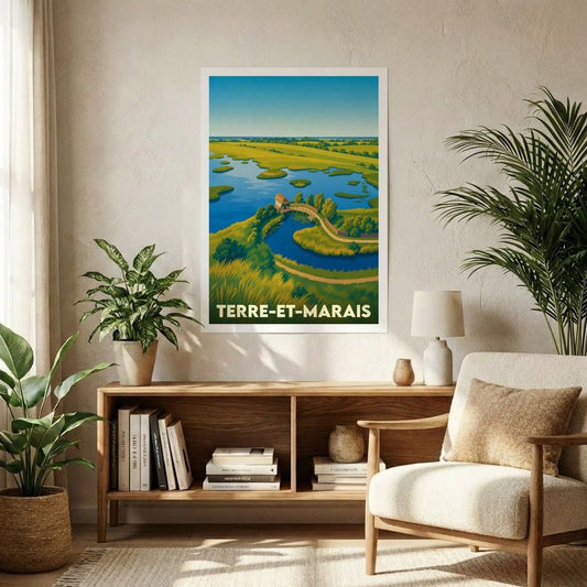 Affiche souvenir de la ville de Terre-et-Marais illustrant un paysage de marais stylisé.