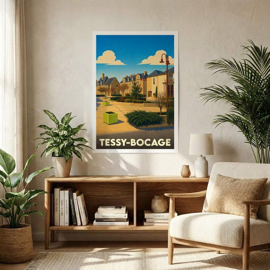 Affiche souvenir de la ville de Tessy-Bocage avec une illustration stylisée d'une place ensoleillée.