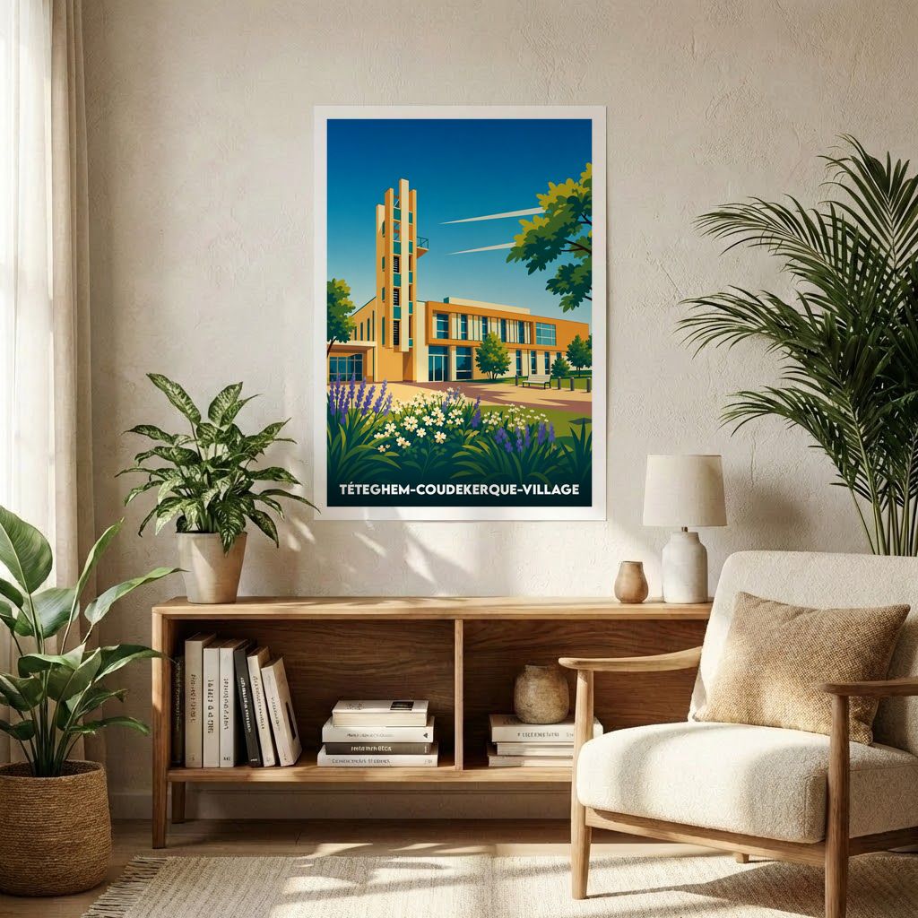 Affiche souvenir de la ville de Téteghem-Coudekerque-Village avec une illustration stylisée de son architecture moderne.