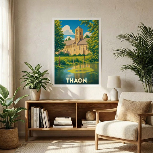 Affiche souvenir de la ville de Thaon avec une illustration stylisée d'une église au bord de l'eau.
