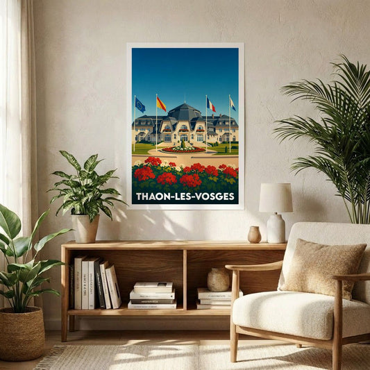 Affiche souvenir de la ville de Thaon-les-Vosges avec une illustration stylisée de la Rotonde.