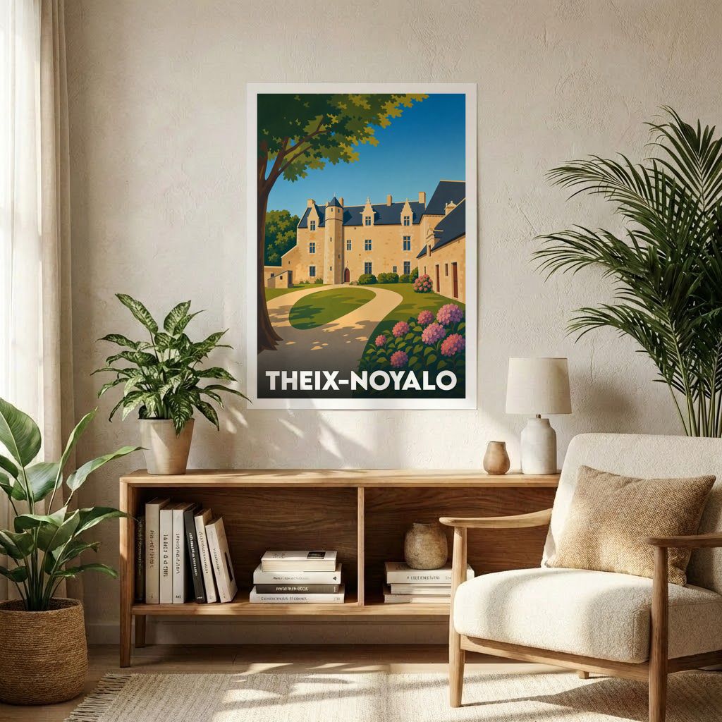 Affiche souvenir de la ville de Theix-Noyalo illustrant un château breton dans un style rétro et coloré.