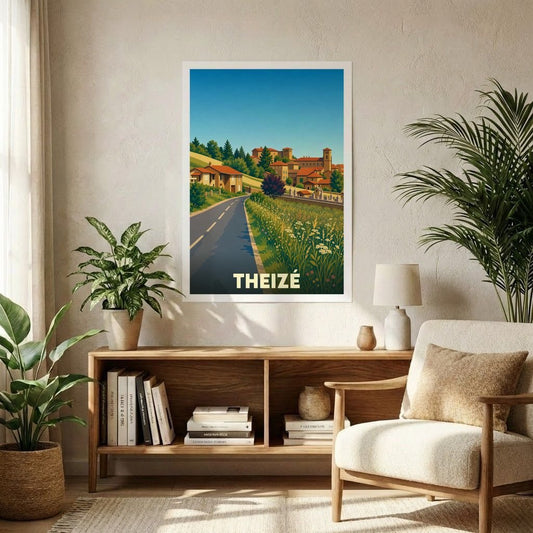 Affiche souvenir de la ville de Theizé avec une illustration stylisée de son paysage vallonné.