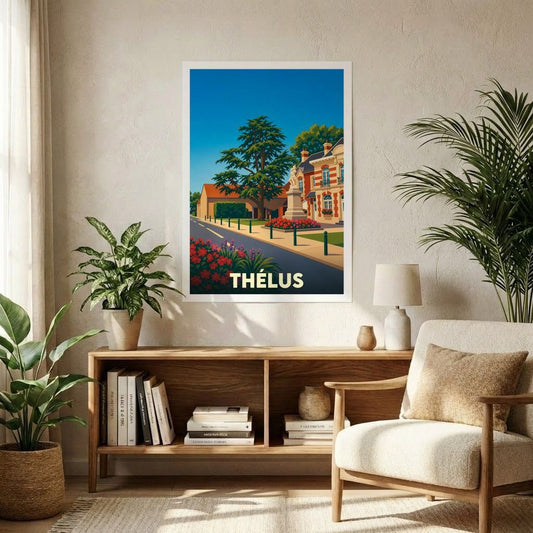 Affiche souvenir de la ville de Thélus avec une illustration stylisée et colorée de son paysage urbain.