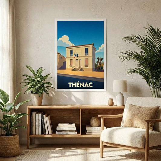 Affiche souvenir de la ville de Thénac avec une illustration stylisée de sa mairie.