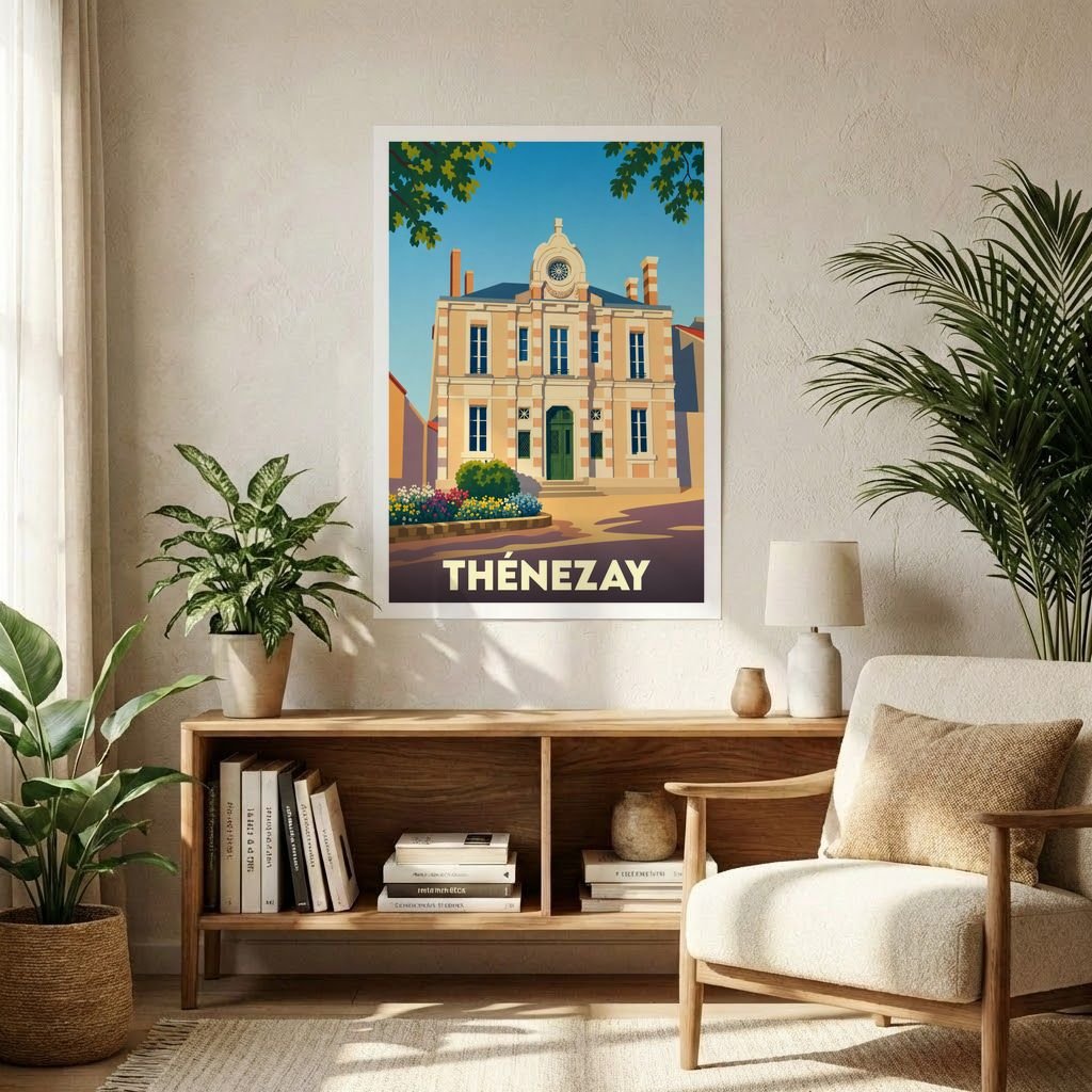 Affiche souvenir de la ville de Thénezay illustrant son hôtel de ville dans un style rétro et coloré.
