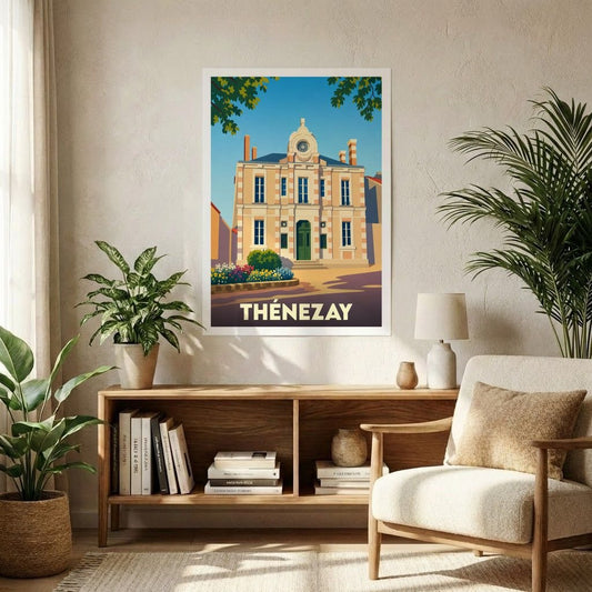 Affiche souvenir de la ville de Thénezay illustrant son hôtel de ville dans un style rétro et coloré.
