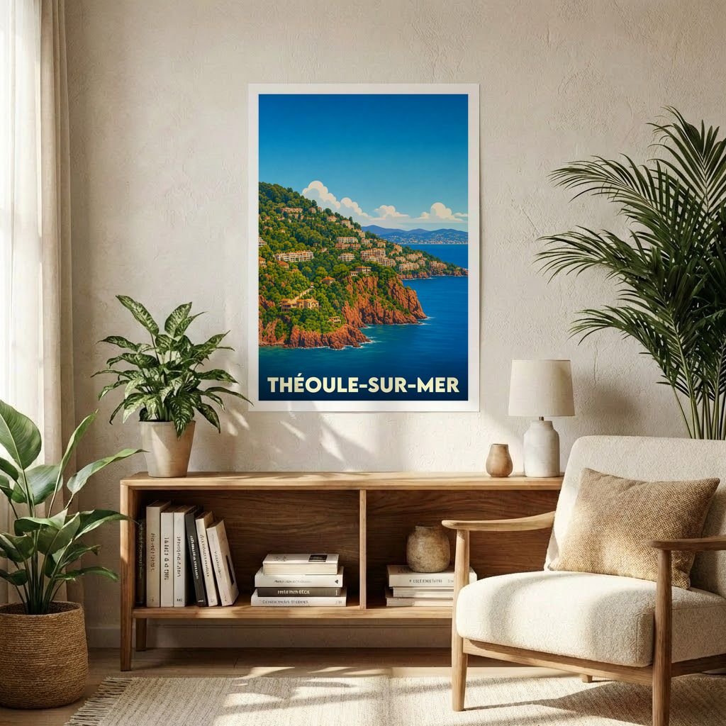 Affiche souvenir de la ville de Théoule-sur-Mer avec une illustration stylisée de son littoral escarpé.