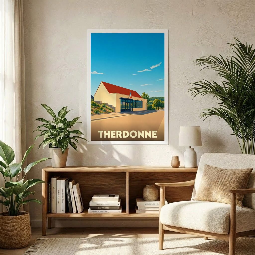 Affiche souvenir de la ville de Therdonne avec une illustration stylisée d'un bâtiment sous un ciel bleu.
