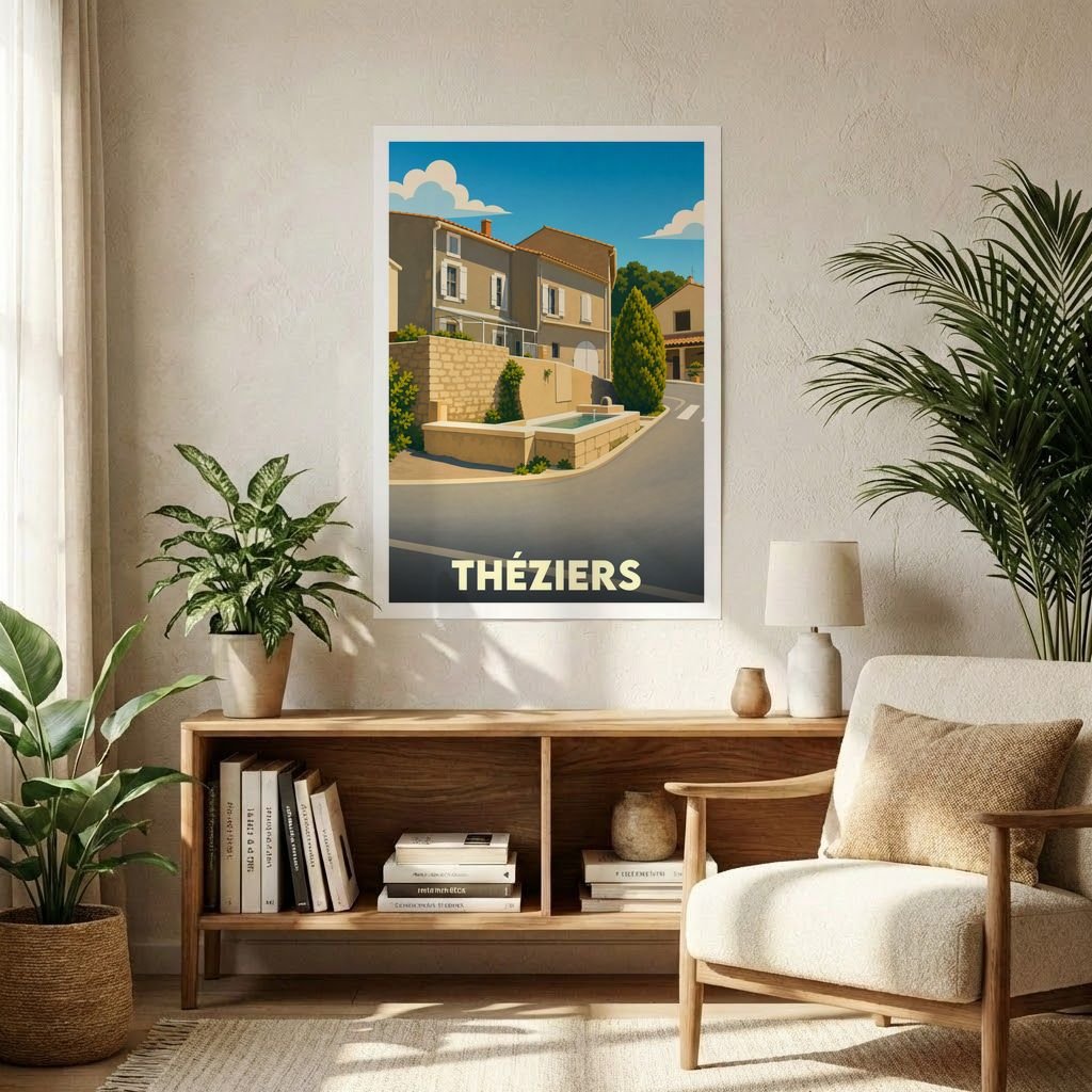 Affiche souvenir de la ville de Théziers présentant une illustration stylisée d'une fontaine provençale.