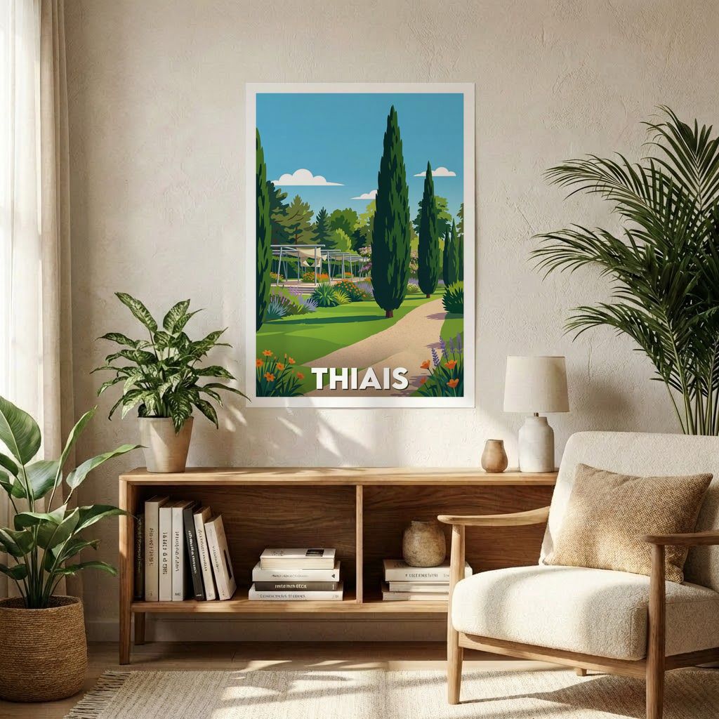 Affiche souvenir de la ville de Thiais avec une illustration stylisée d'un parc.