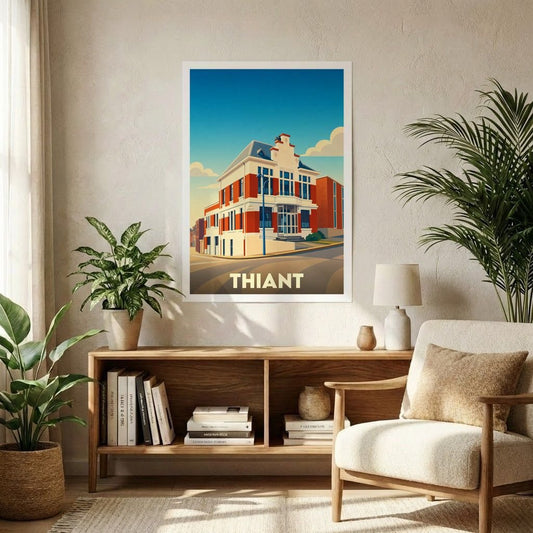 Affiche souvenir de la ville de Thiant avec une illustration stylisée d'un bâtiment emblématique en briques rouges.