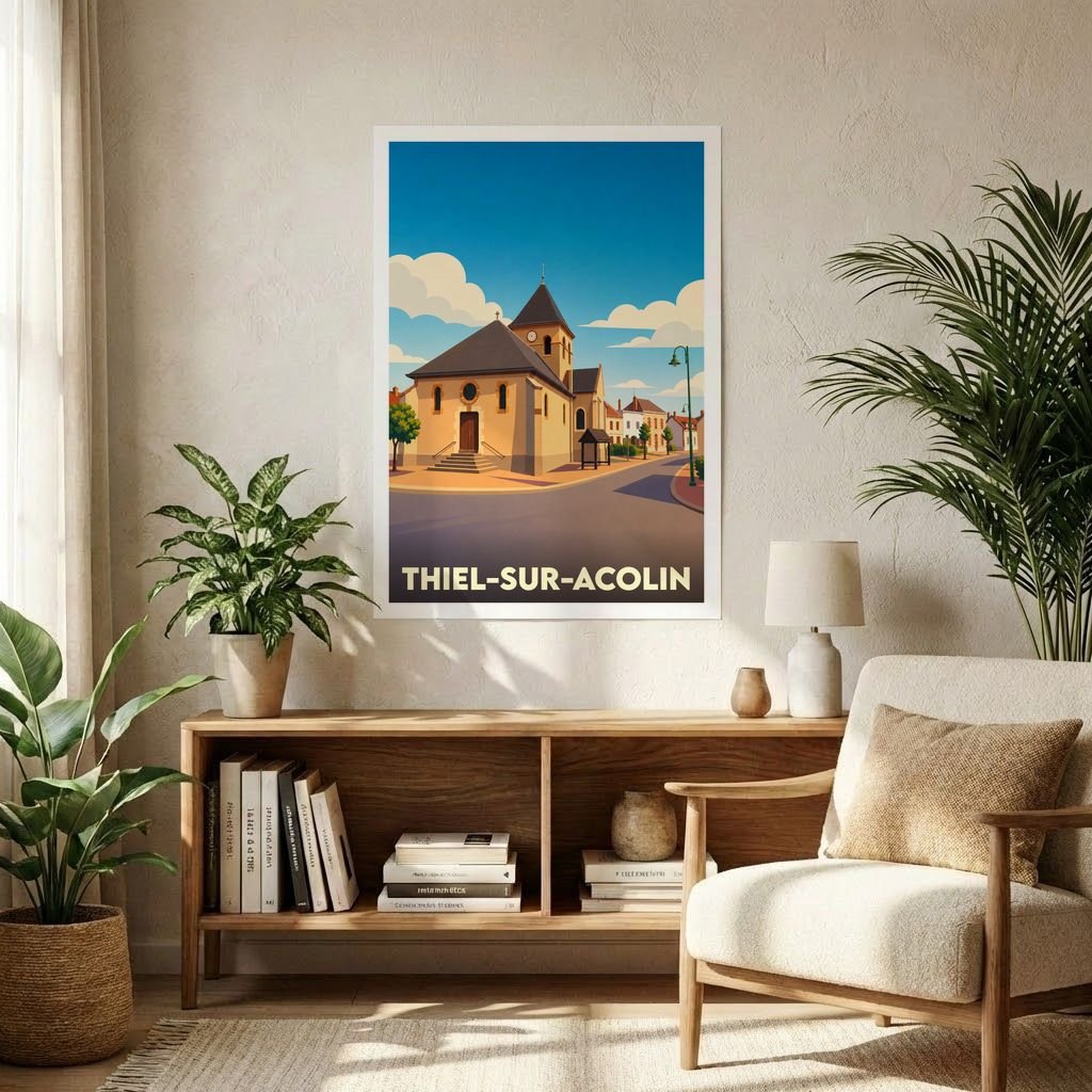 Affiche souvenir de la ville de Thiel-sur-Acolin avec une illustration stylisée de son église sous un ciel azur.