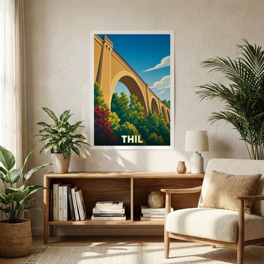 Affiche souvenir de la ville de Thil avec une illustration stylisée représentant un viaduc.