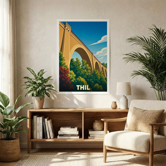 Affiche souvenir de la ville de Thil avec une illustration stylisée représentant un viaduc.