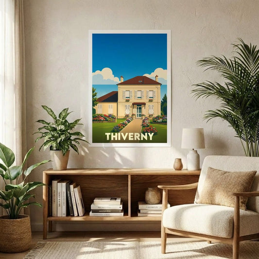 Affiche souvenir de la ville de Thiverny avec une illustration stylisée d'une maison fleurie sous un ciel bleu.