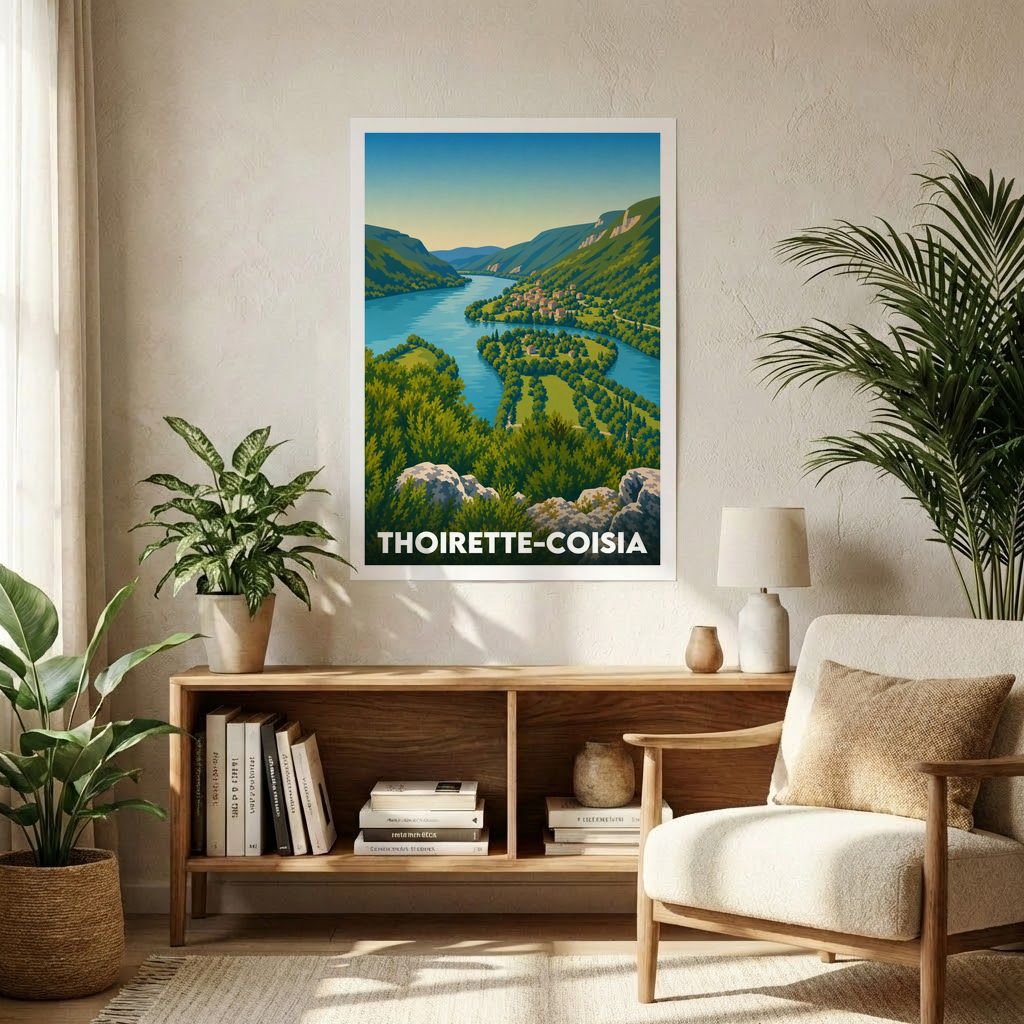 Affiche souvenir de la ville de Thoirette-Coisia avec une illustration stylisée de ses paysages naturels.