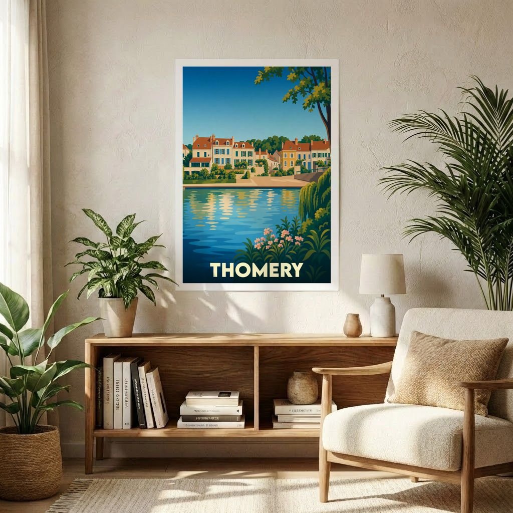 Affiche souvenir de la ville de Thomery avec une illustration colorée et stylisée de ses quais en bord de Seine.