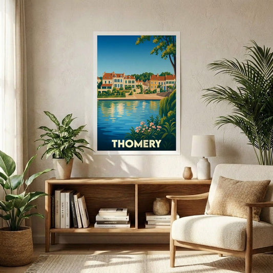 Affiche souvenir de la ville de Thomery avec une illustration colorée et stylisée de ses quais en bord de Seine.