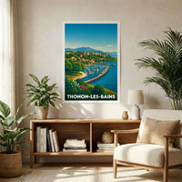 Affiche souvenir de la ville de Thonon-les-Bains avec une illustration stylisée de son paysage portuaire.