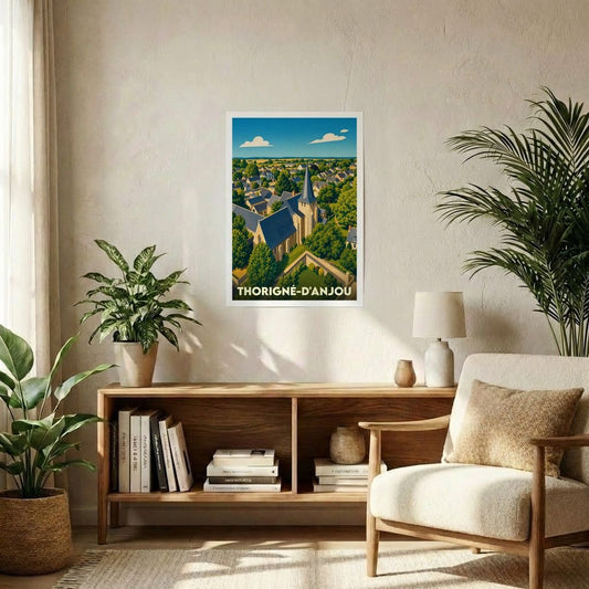 Affiche souvenir de la ville de Thorigné-d'Anjou avec une illustration stylisée d'une église au cœur d'un village verdoyant.