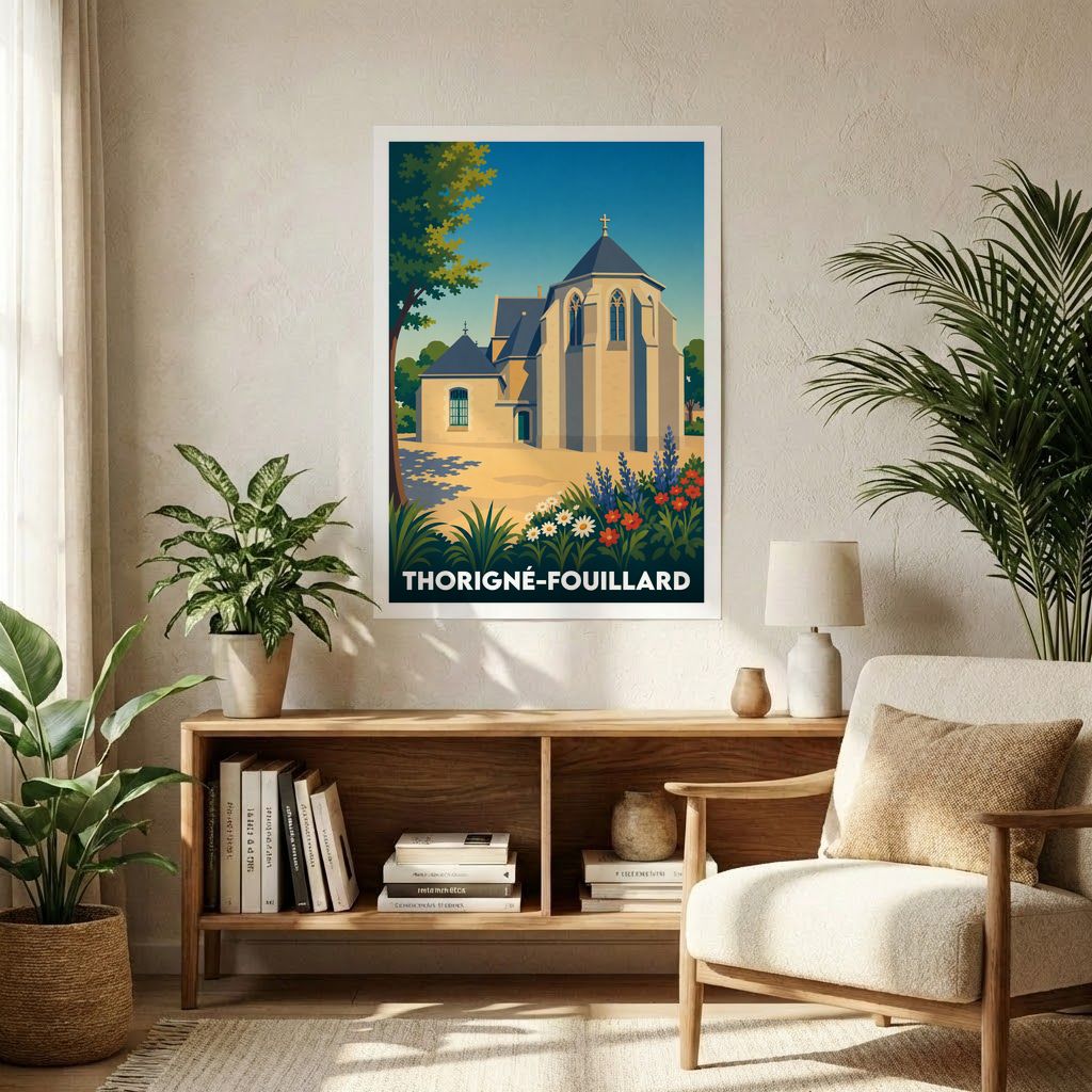 Affiche souvenir de la ville de Thorigné-Fouillard illustrant son église dans un style graphique et coloré.