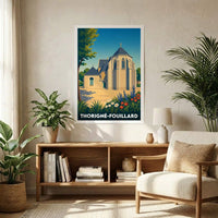 Affiche souvenir de la ville de Thorigné-Fouillard illustrant son église dans un style graphique et coloré.