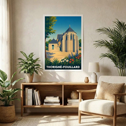 Affiche souvenir de la ville de Thorigné-Fouillard illustrant son église dans un style graphique et coloré.