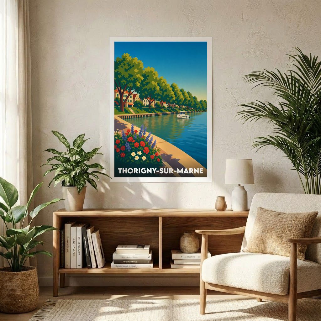 Affiche souvenir de la ville de Thorigny-sur-Marne illustrant les bords de la Marne dans un style graphique rétro.