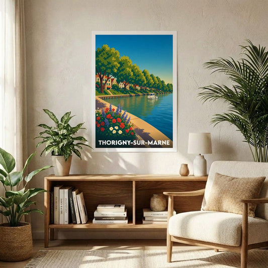 Affiche souvenir de la ville de Thorigny-sur-Marne illustrant les bords de la Marne dans un style graphique rétro.