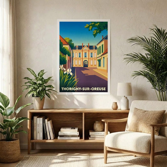 Affiche souvenir de la ville de Thorigny-sur-Oreuse avec une illustration stylisée d'un bâtiment historique sous un ciel bleu.