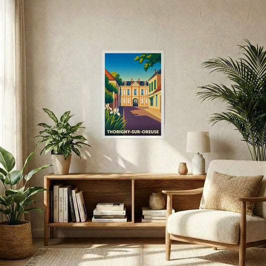 Affiche souvenir de la ville de Thorigny-sur-Oreuse avec une illustration stylisée.