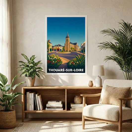 Affiche souvenir de la ville de Thouaré-sur-Loire avec une illustration stylisée de son église et de ses rues.