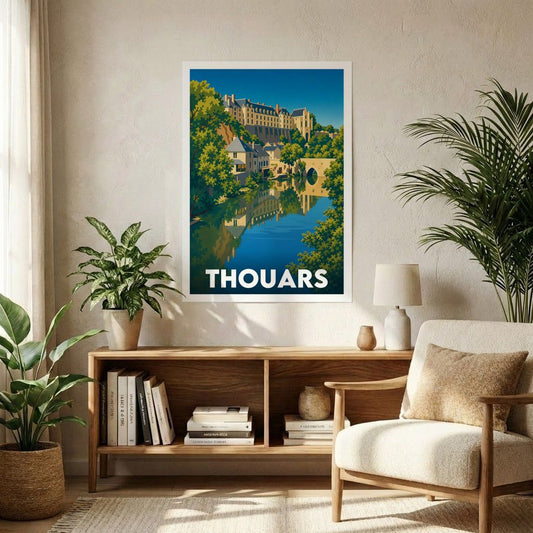 Affiche souvenir de la ville de Thouars avec une illustration stylisée.