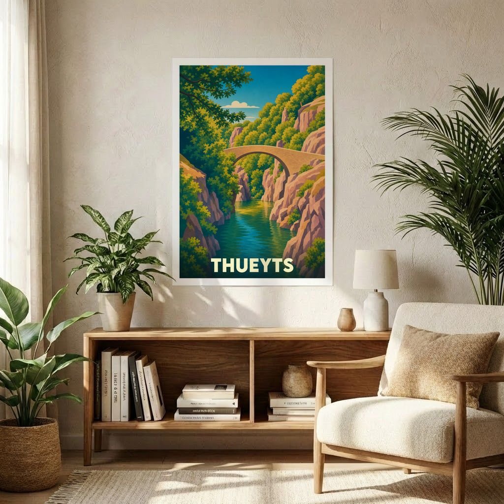 Affiche souvenir de la ville de Thueyts représentant le Pont du Diable dans un style illustré coloré.
