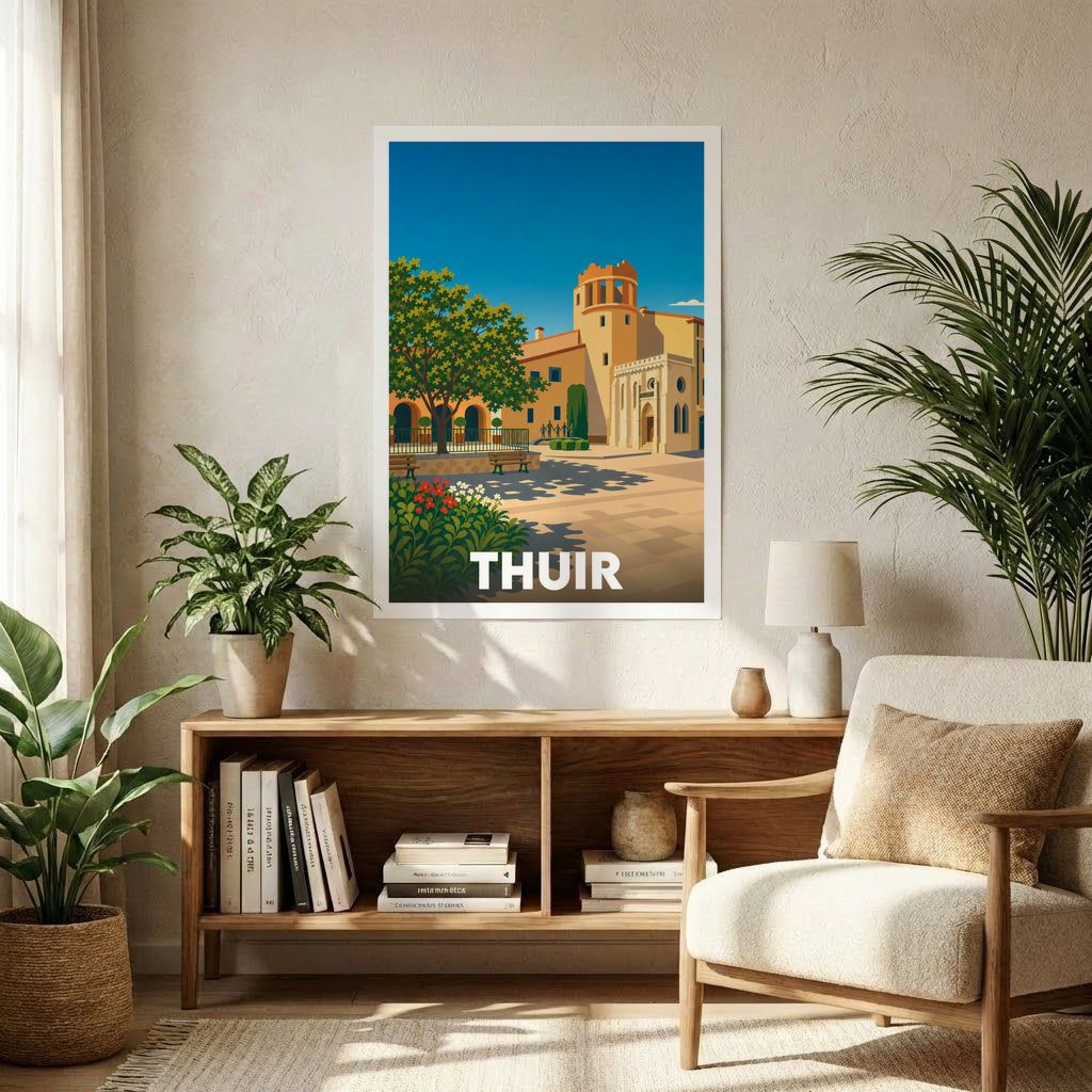 Affiche souvenir de la ville de Thuir présentant une illustration stylisée et colorée de son patrimoine architectural sous un ciel bleu.