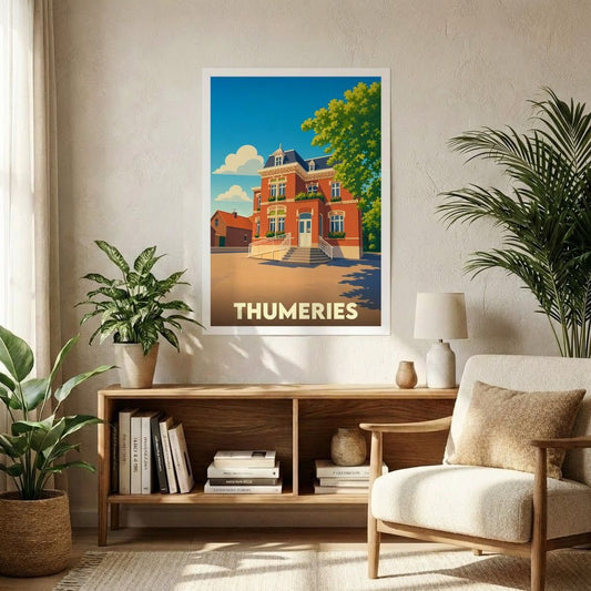 Affiche souvenir de la ville de Thumeries représentant une maison de maître en briques rouges dans un style graphique rétro.