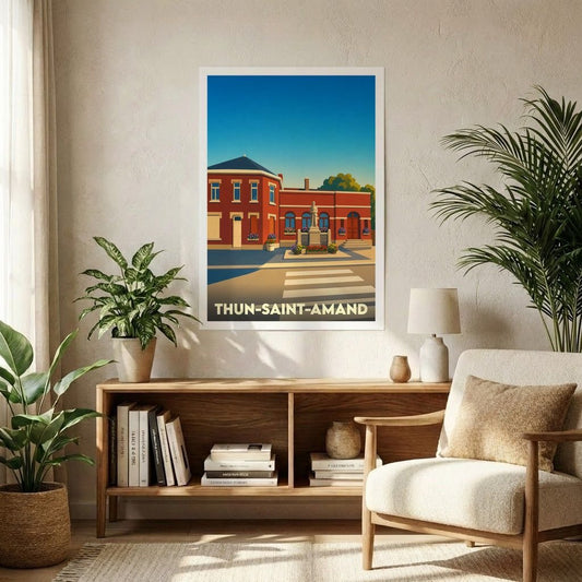 Affiche souvenir de la ville de Thun-Saint-Amand avec une illustration stylisée et colorée.