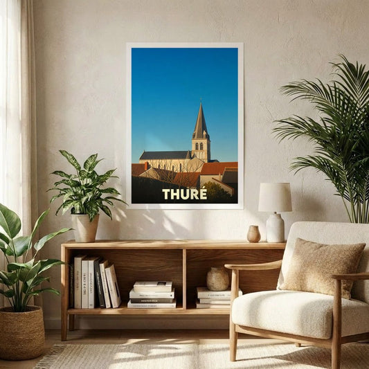 Affiche souvenir de la ville de Thuré avec une illustration stylisée de son église sous un ciel bleu.