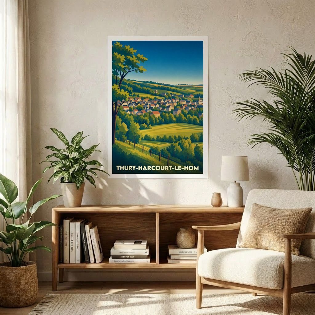 Affiche souvenir de la ville de Thury-Harcourt-le-Hom présentant une illustration stylisée de ses paysages vallonnés.