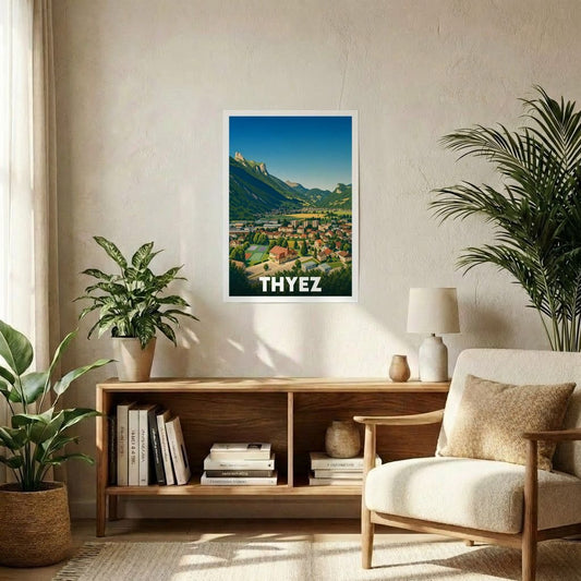 Affiche souvenir de la ville de Thyez présentant une illustration colorée et stylisée de ses paysages montagneux.