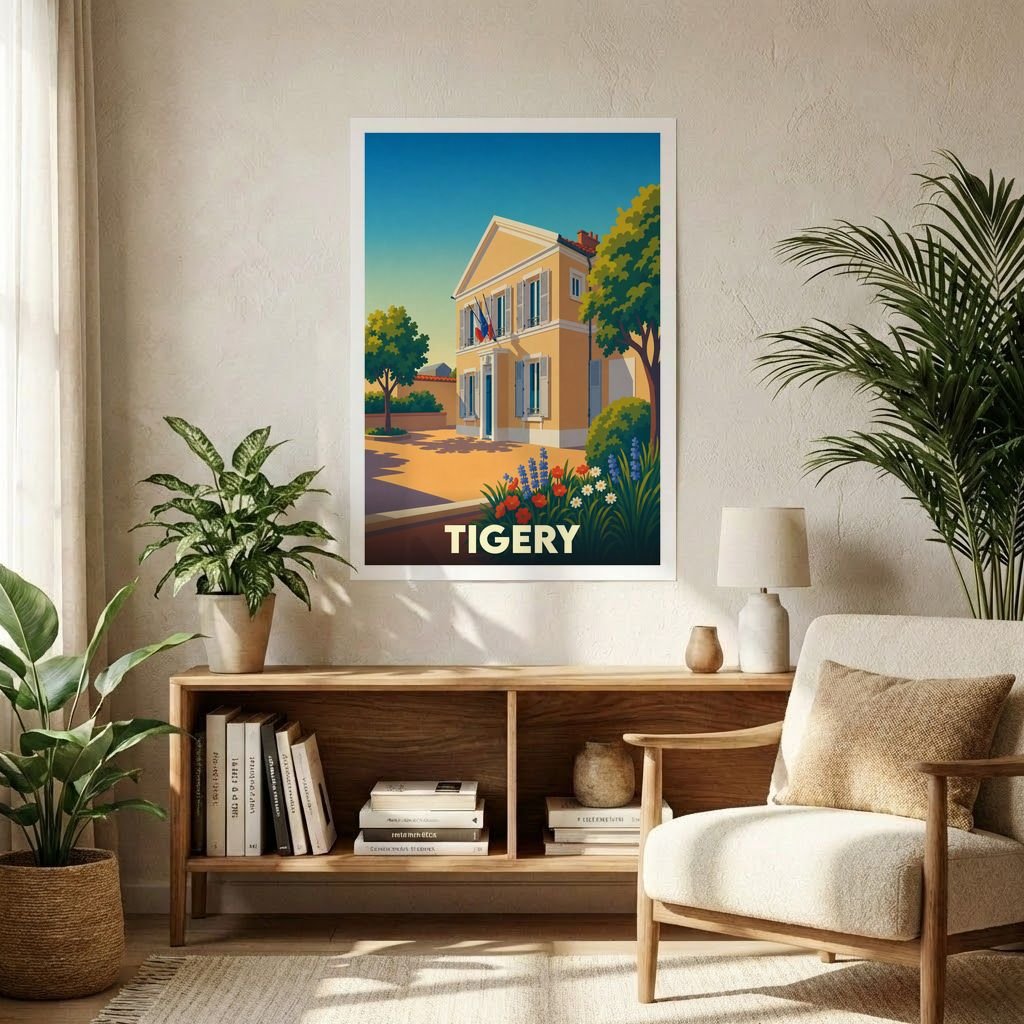 Affiche souvenir de la ville de Tigery avec une illustration stylisée et colorée.