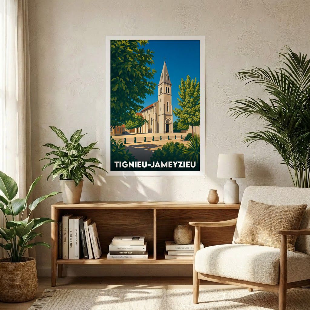Affiche souvenir de la ville de Tignieu-Jameyzieu avec une illustration stylisée de son église et de sa place.