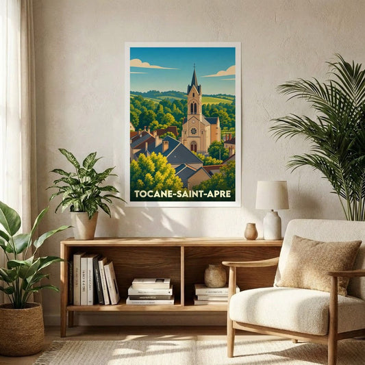 Affiche souvenir de la ville de Tocane-Saint-Apre avec une illustration stylisée de son église et de son paysage vallonné.