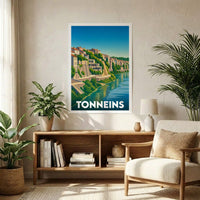 Affiche souvenir de la ville de Tonneins avec une illustration stylisée d'un paysage fluvial.