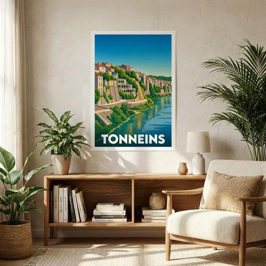 Affiche souvenir de la ville de Tonneins avec une illustration stylisée d'un paysage fluvial.