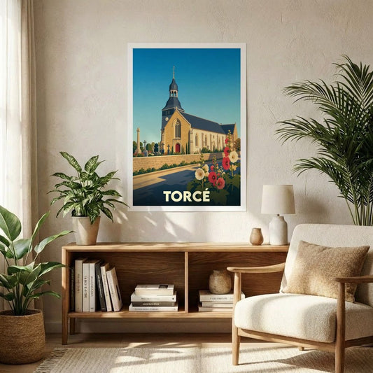 Affiche souvenir de la ville de Torcé avec une illustration stylisée de son église et de fleurs colorées.