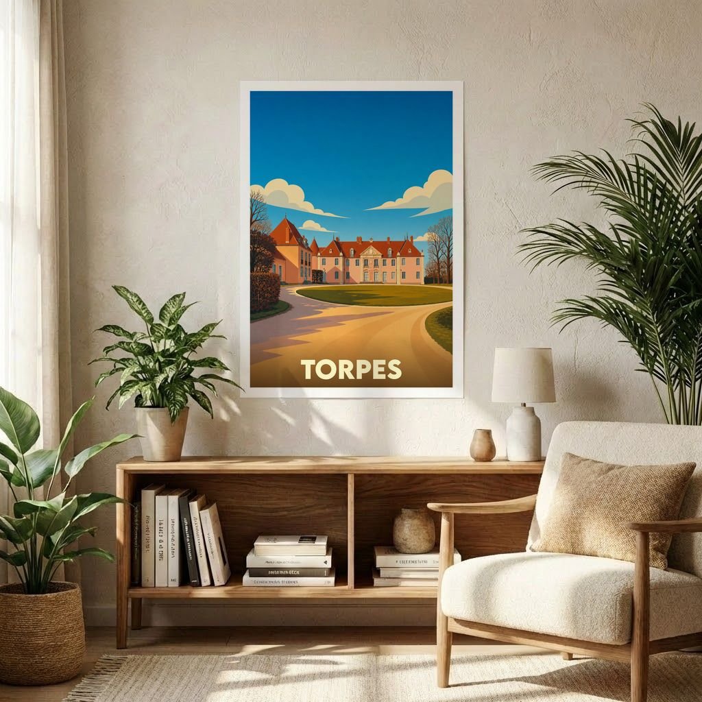 Affiche souvenir de la ville de Torpes avec une illustration stylisée représentant un château sous un ciel bleu.