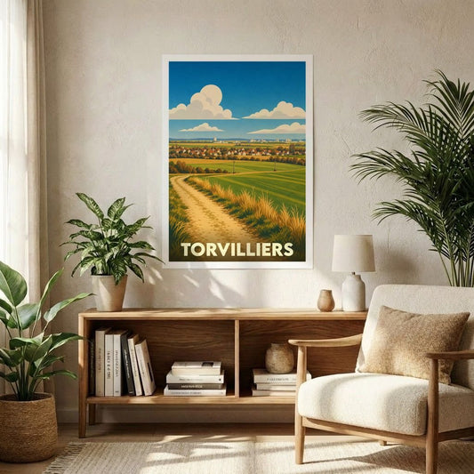 Affiche souvenir de la ville de Torvilliers avec une illustration stylisée de son paysage rural.